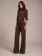 Women's Cropped Top Co-Ord – Wide Leg Trousers in Chocolate – Hover view