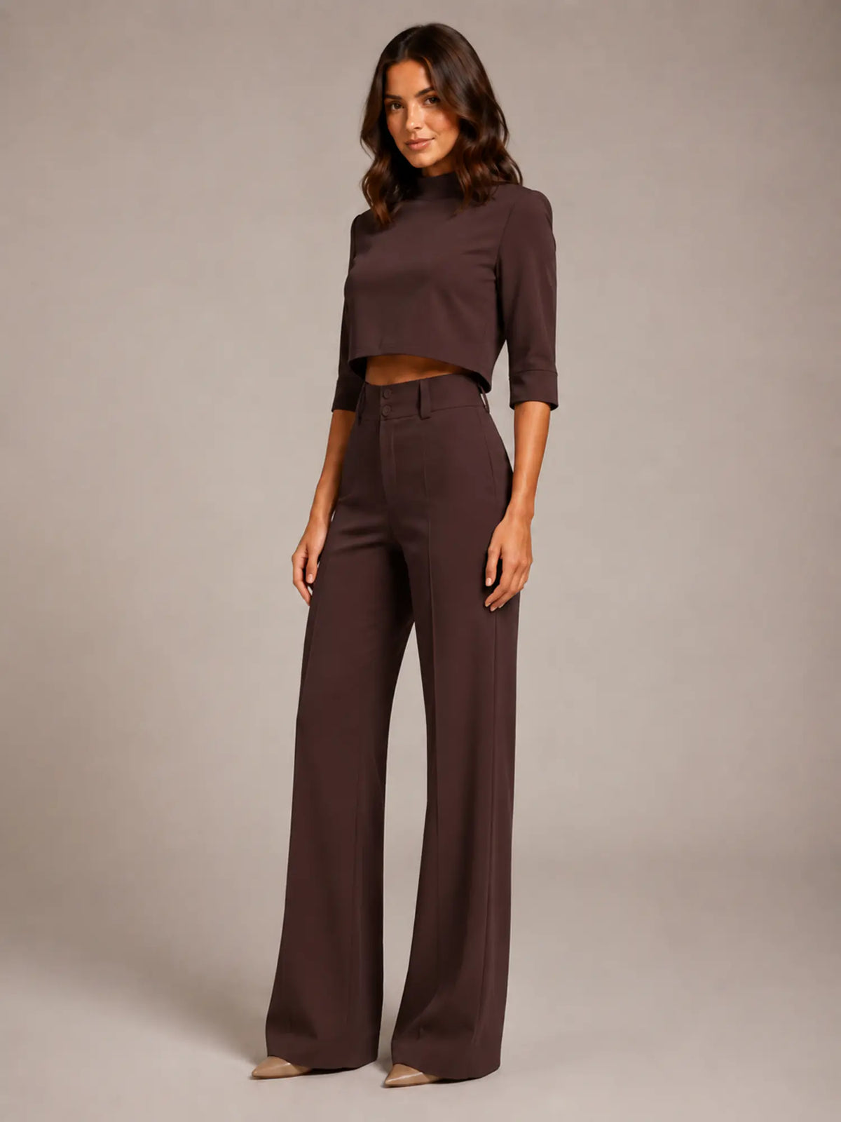 Women's Cropped Top Co-Ord – Wide Leg Trousers in Chocolate – Hover view