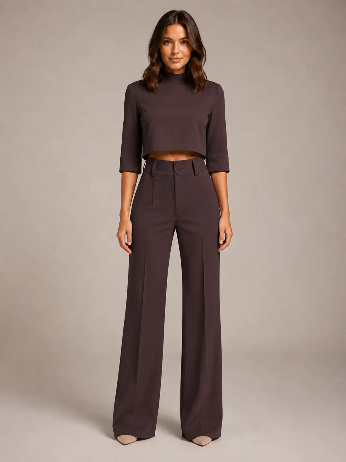 Women's Cropped Top Co-Ord – Wide Leg Trousers in Chocolate – Main view
