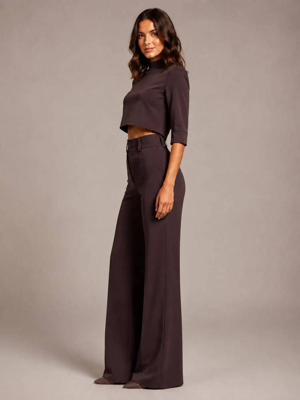 Women's Cropped Top Co-Ord – Wide Leg Trousers in Chocolate – Side view