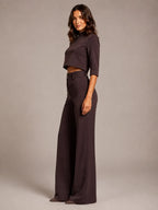 Women's Cropped Top Co-Ord – Wide Leg Trousers in Chocolate – Side view