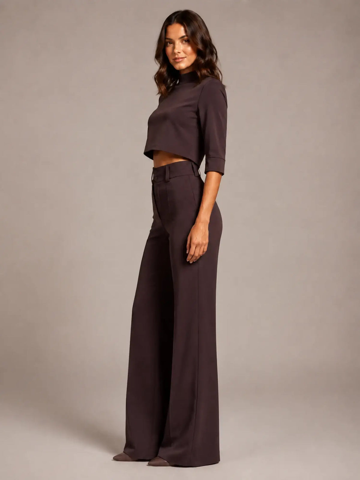 Women's Cropped Top Co-Ord – Wide Leg Trousers in Chocolate – Side view
