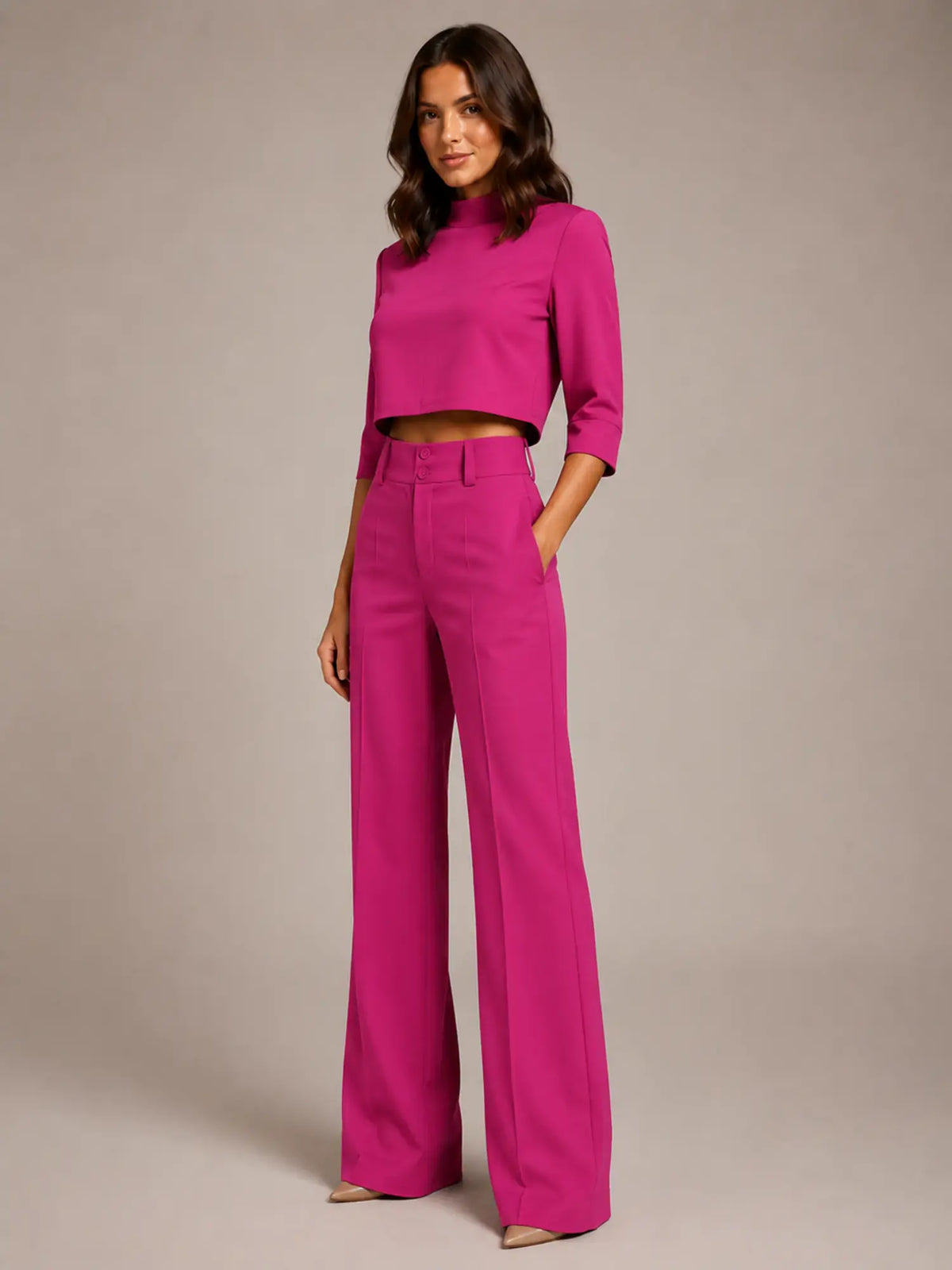 Women's Cropped Top Co-Ord – Wide Leg Trousers in Light Pink – Hover view