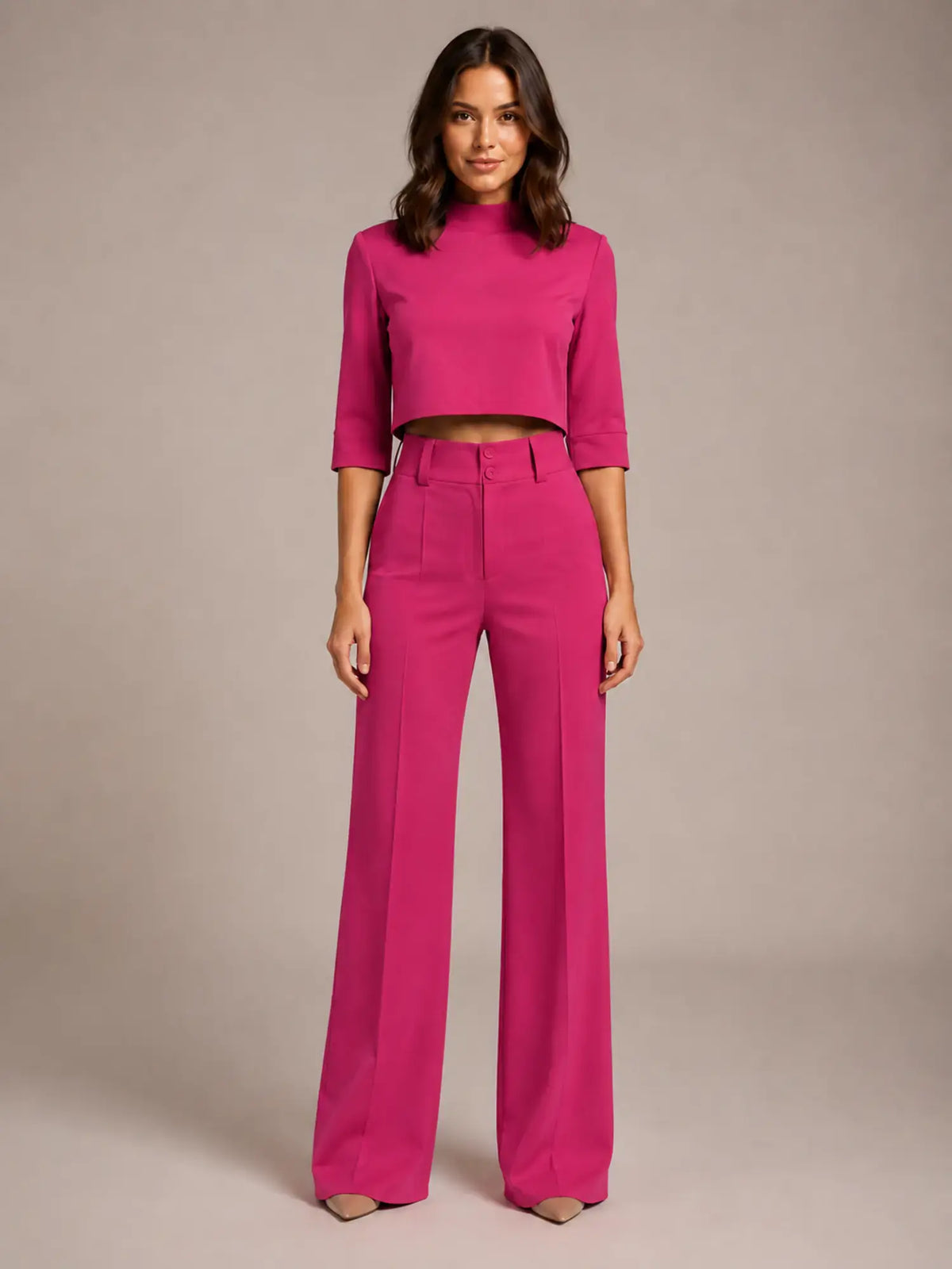 Women's Cropped Top Co-Ord – Wide Leg Trousers in Light Pink – Main view