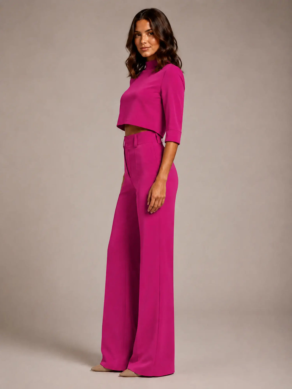Women's Cropped Top Co-Ord – Wide Leg Trousers in Light Pink – Side view