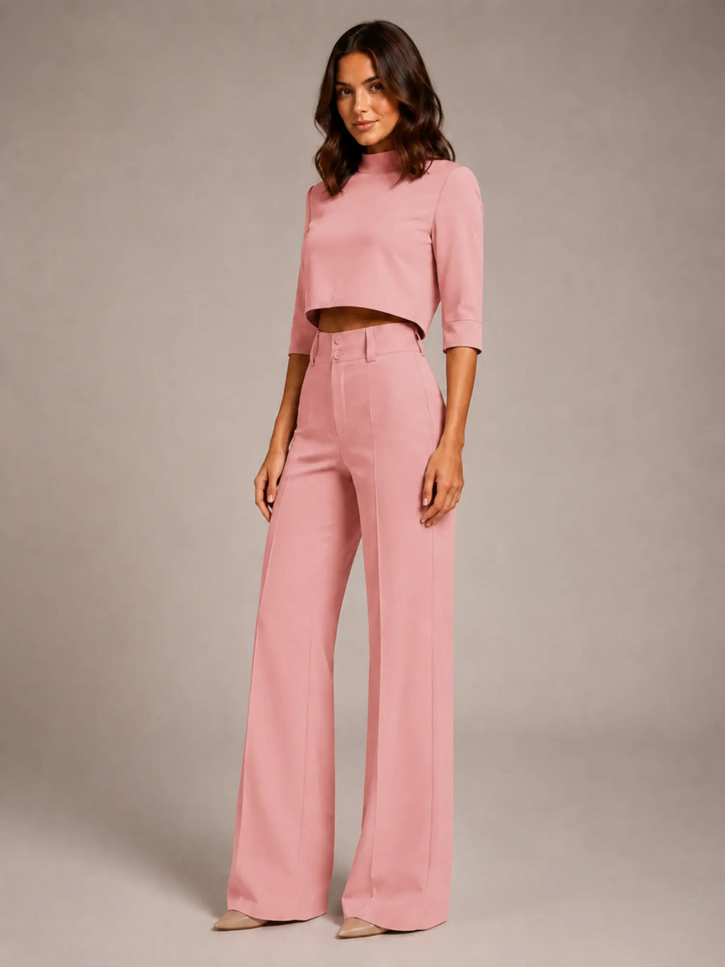 Women's Cropped Top Co-Ord – Wide Leg Trousers in Pink – Hover view