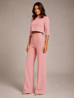 Women's Cropped Top Co-Ord – Wide Leg Trousers in Pink – Hover view