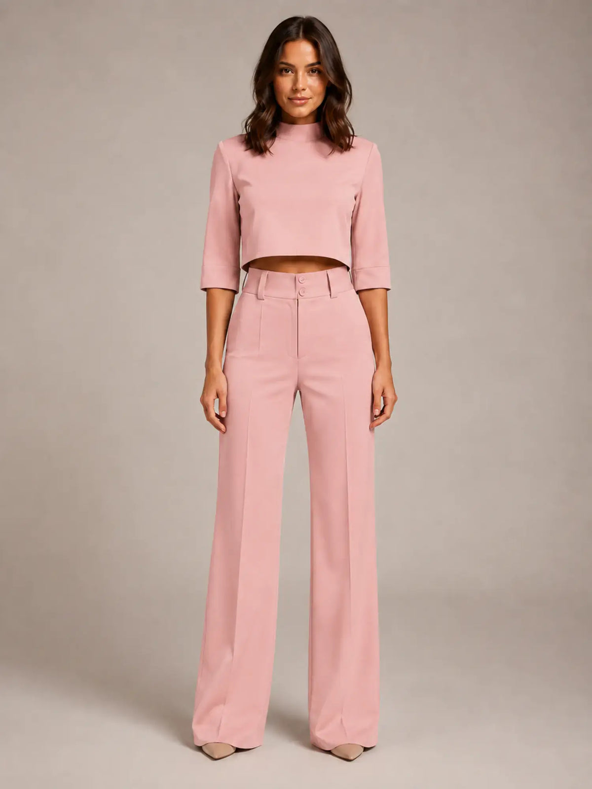 Women's Cropped Top Co-Ord – Wide Leg Trousers in Pink – Main view