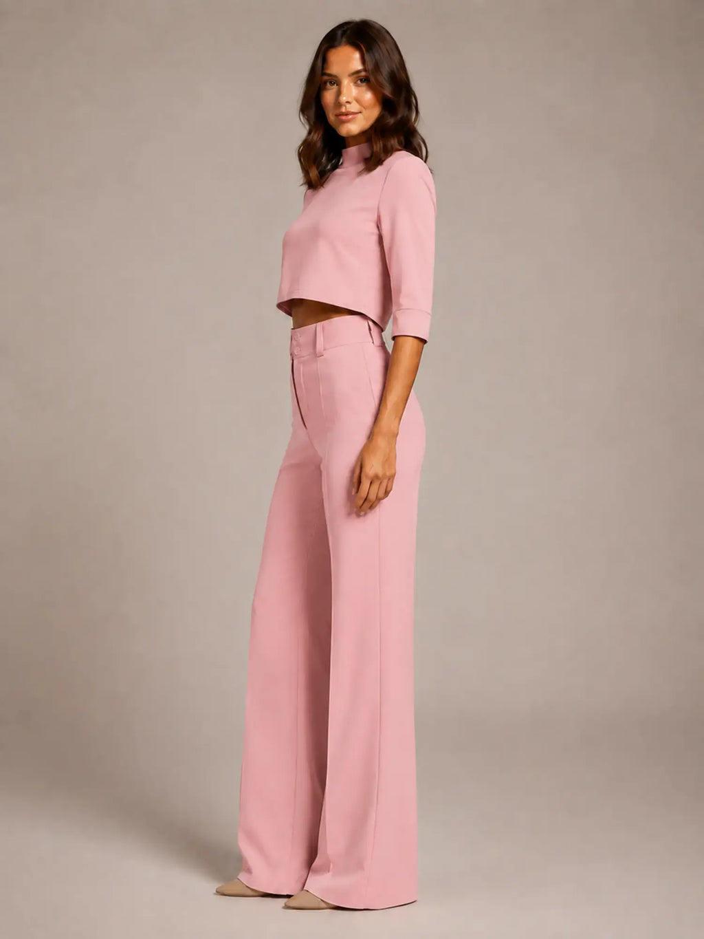 Women's Cropped Top Co-Ord – Wide Leg Trousers in Pink – Side view