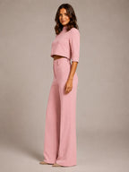 Women's Cropped Top Co-Ord – Wide Leg Trousers in Pink – Side view