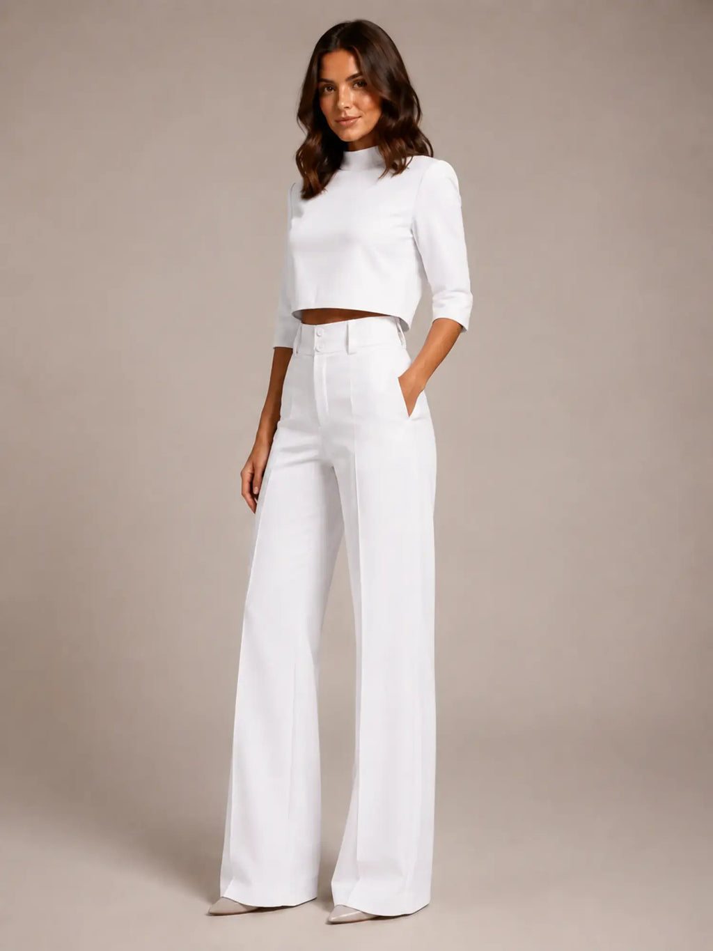 Women's Cropped Top Co-Ord – Wide Leg Trousers in White – Hover view