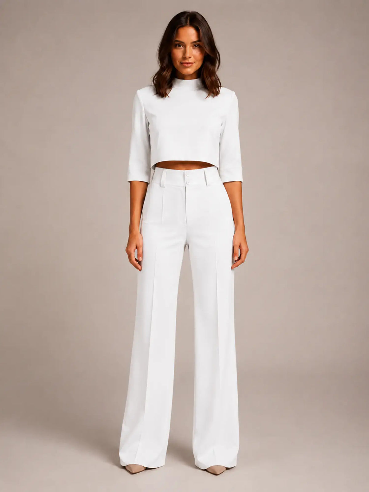 Women's Cropped Top Co-Ord – Wide Leg Trousers in White – Main view