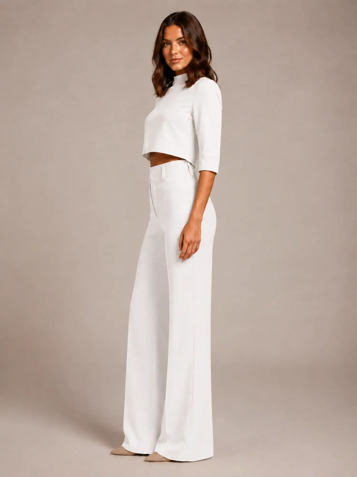 Women's Cropped Top Co-Ord – Wide Leg Trousers in White – Side view