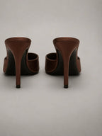Women's Satin Mule Heels – Open Toe Slip-On in Brown – Back view