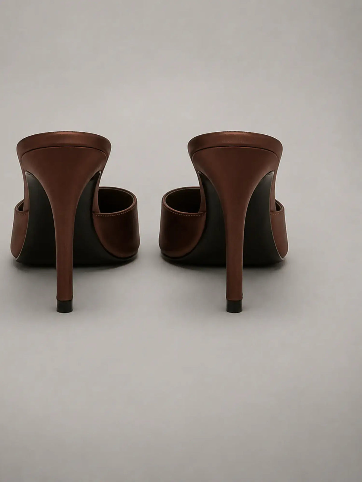 Women's Satin Mule Heels – Open Toe Slip-On in Brown – Back view