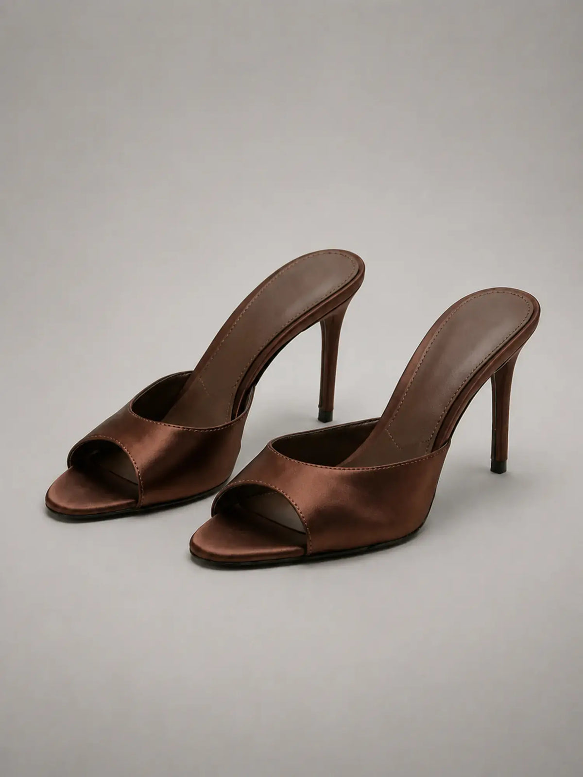 Women's Satin Mule Heels – Open Toe Slip-On in Brown – Hover view