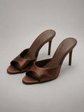 Women's Satin Mule Heels – Open Toe Slip-On in Brown – Main view