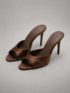 Women's Satin Mule Heels – Open Toe Slip-On in Brown – Main view