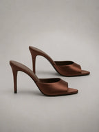 Women's Satin Mule Heels – Open Toe Slip-On in Brown – Side view