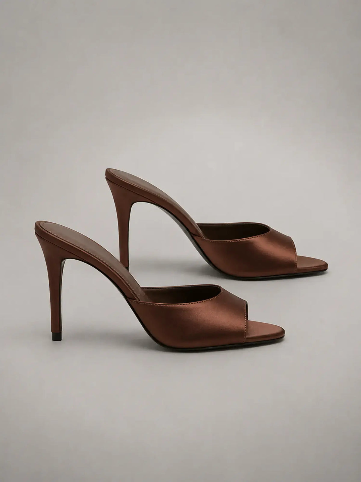 Women's Satin Mule Heels – Open Toe Slip-On in Brown – Side view
