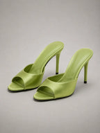 Women's Satin Mule Heels – Open Toe Slip-On in Green – Hover view