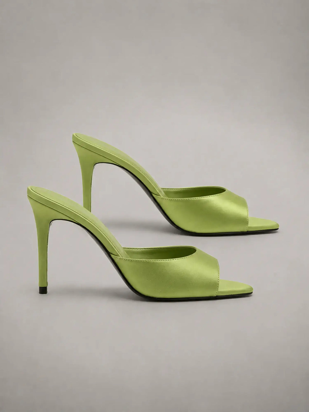 Women's Satin Mule Heels – Open Toe Slip-On in Green – Side view