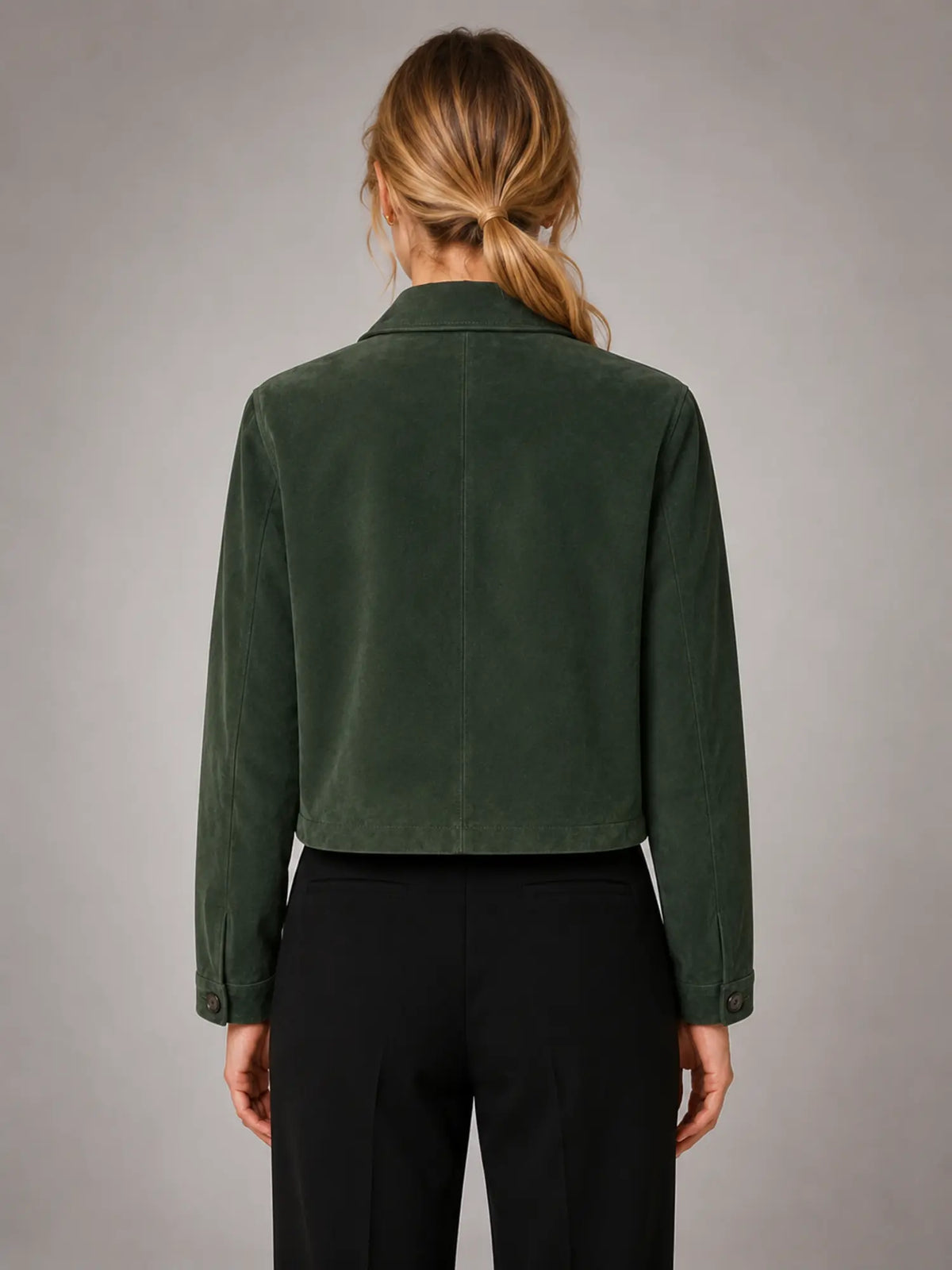 Women's Cropped Suede-Look Jacket – Zip-Up Style – Forest Green – back view