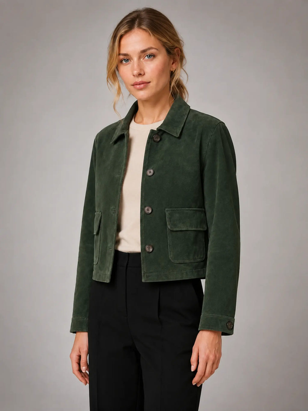 Women's Cropped Suede-Look Jacket – Zip-Up Style – Forest Green – three-quarter view
