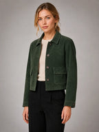 Women's Cropped Suede-Look Jacket – Zip-Up Style – Forest Green – three-quarter view