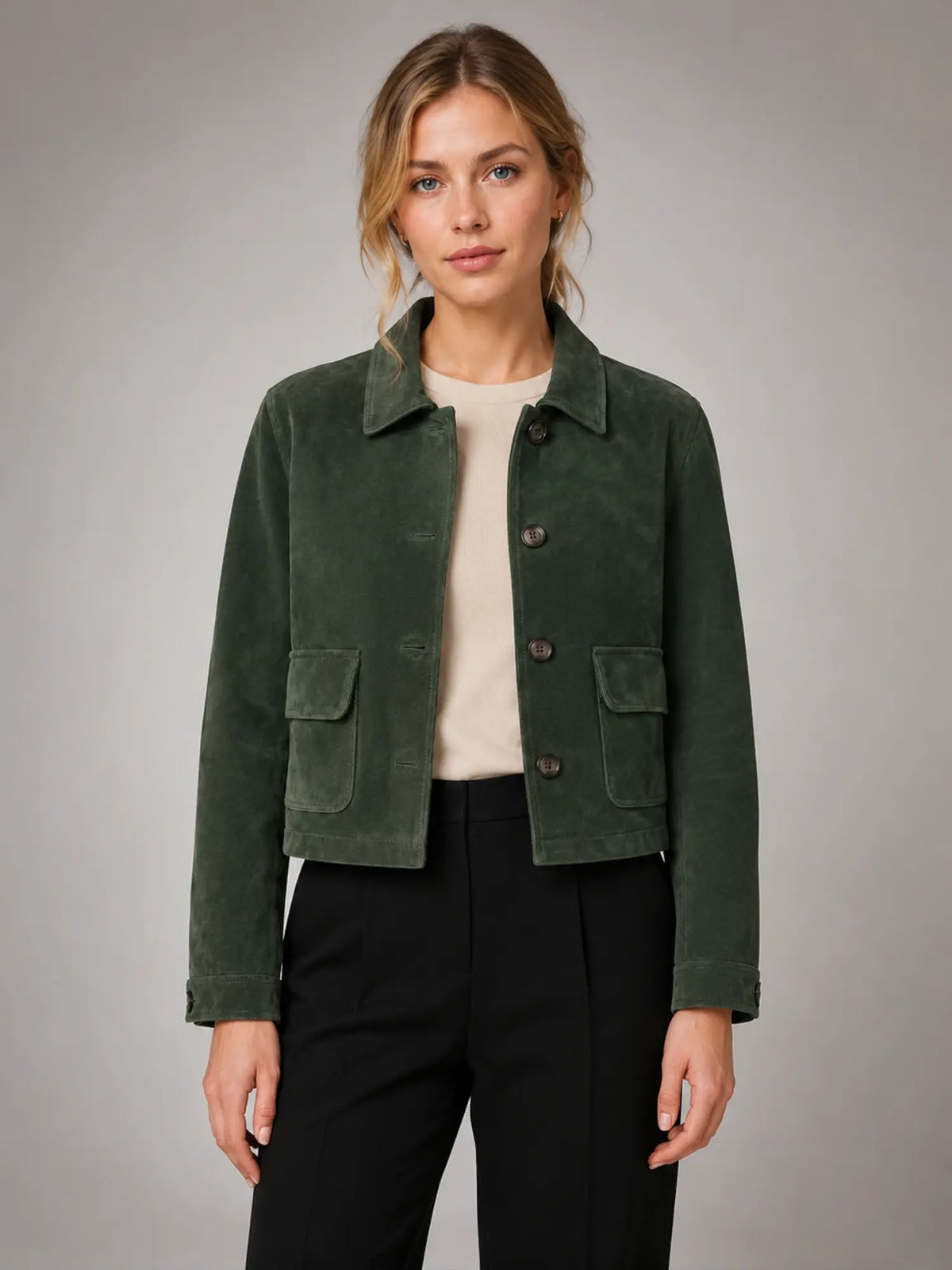 Women's Cropped Suede-Look Jacket – Zip-Up Style – Forest Green – front view