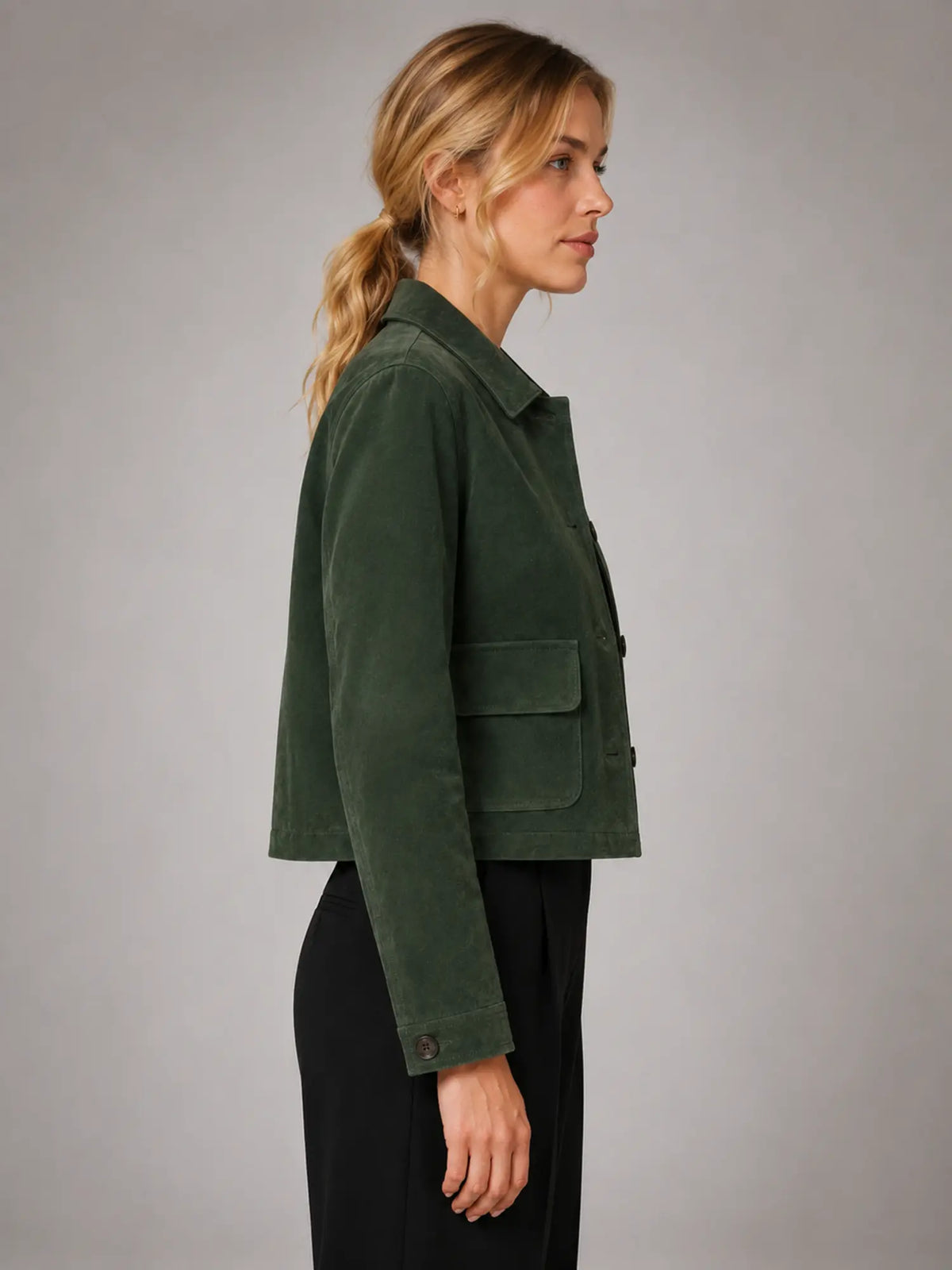 Women's Cropped Suede-Look Jacket – Zip-Up Style – Forest Green – side view
