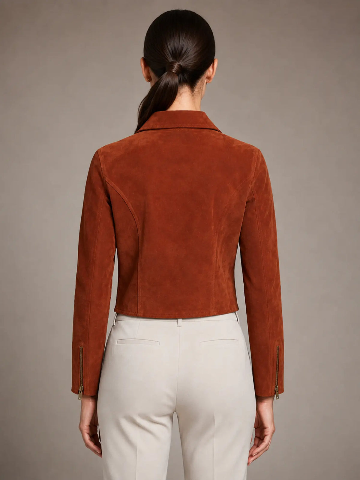 Women's Cropped Suede-Look Jacket – Structured Fit – Burnished Rust – back view