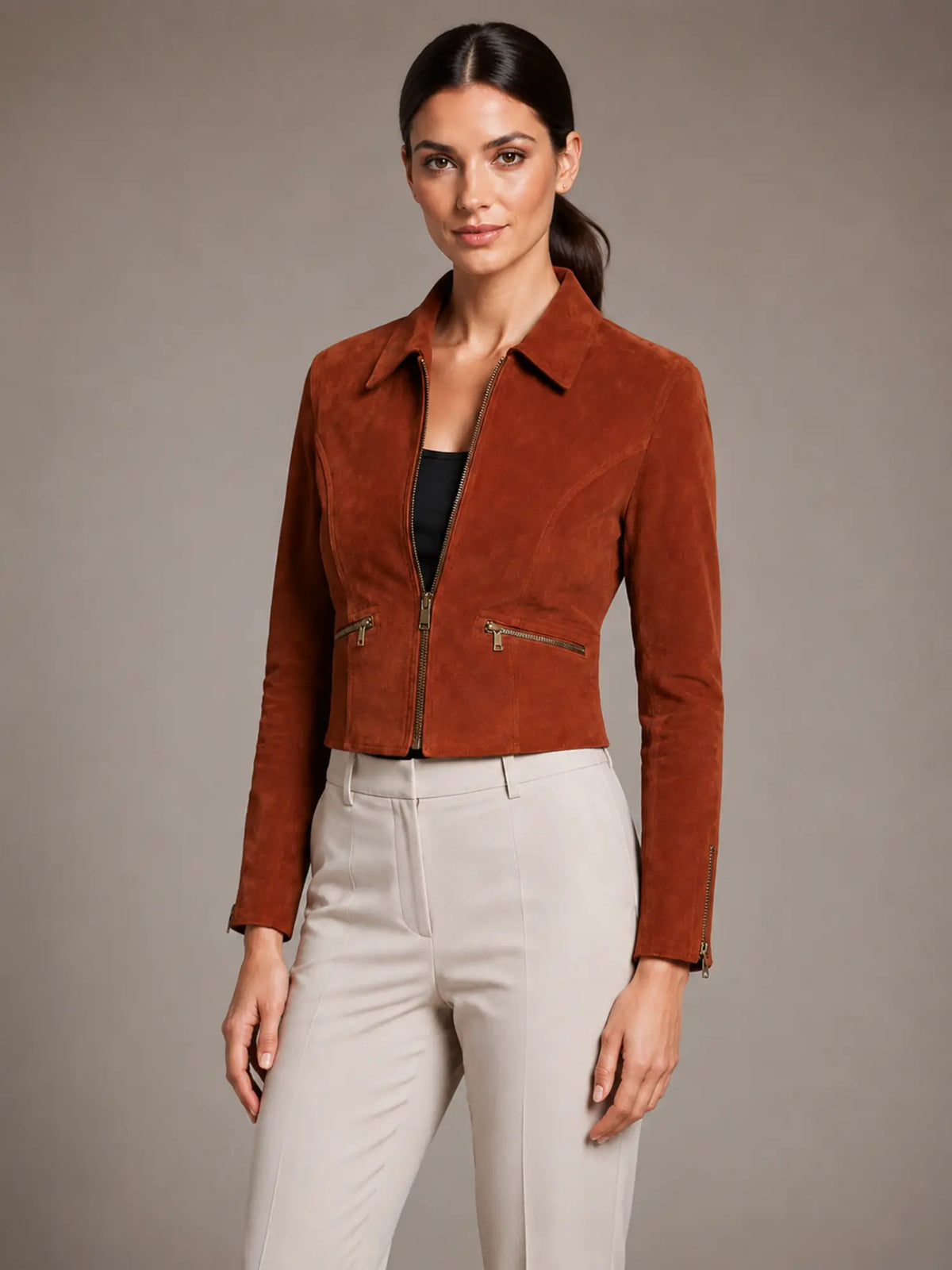 Women's Cropped Suede-Look Jacket – Structured Fit – Burnished Rust – three-quarter view