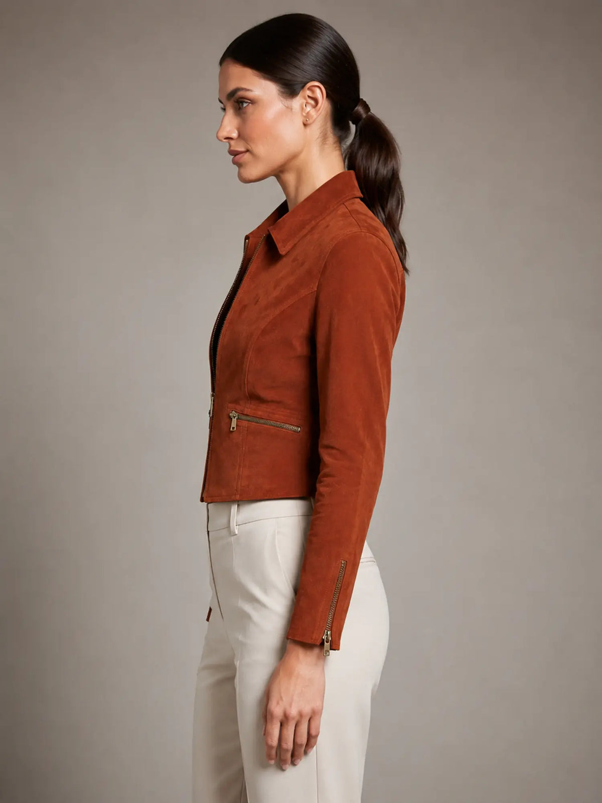 Women's Cropped Suede-Look Jacket – Structured Fit – Burnished Rust – side view
