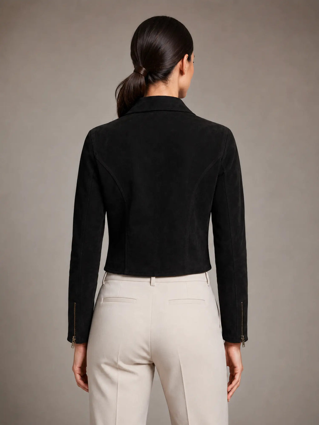 Women's Cropped Suede-Look Jacket – Structured Fit – Matte Black – back view