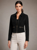 Women's Cropped Suede-Look Jacket – Structured Fit – Matte Black – three-quarter view