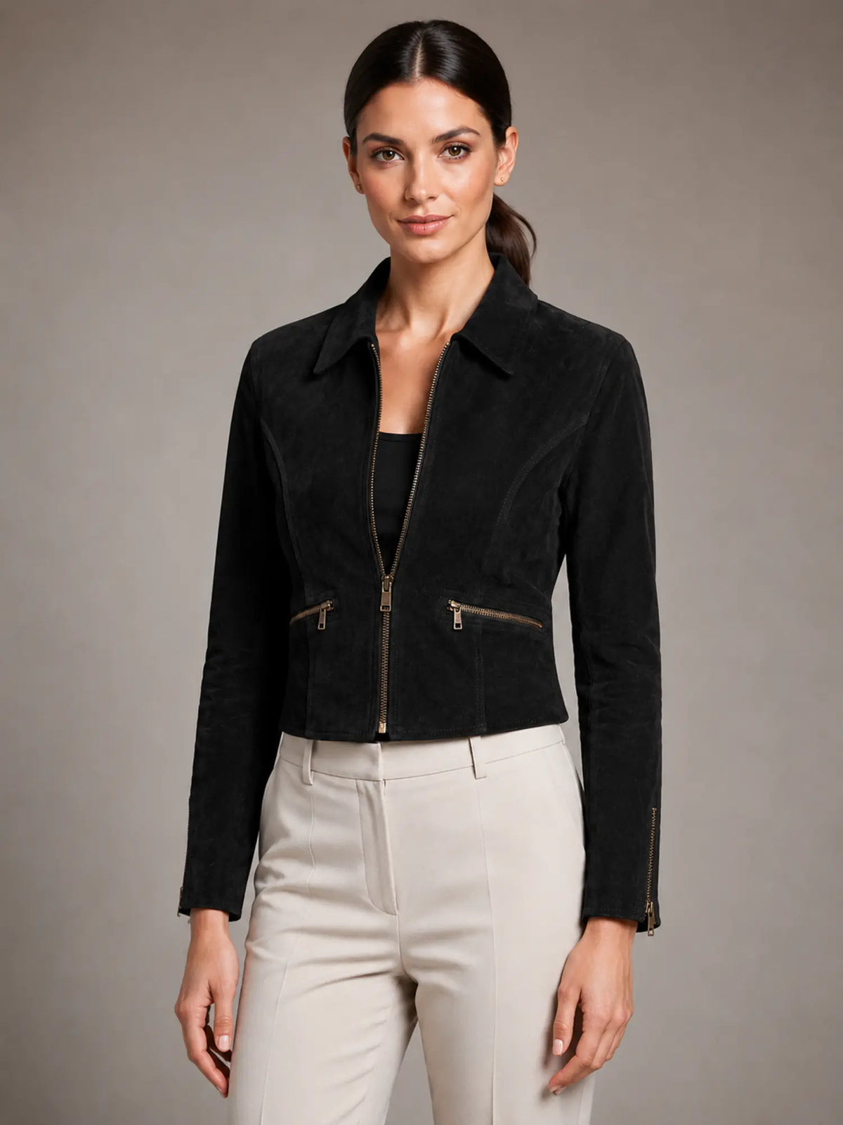 Women's Cropped Suede-Look Jacket – Structured Fit – Matte Black – three-quarter view