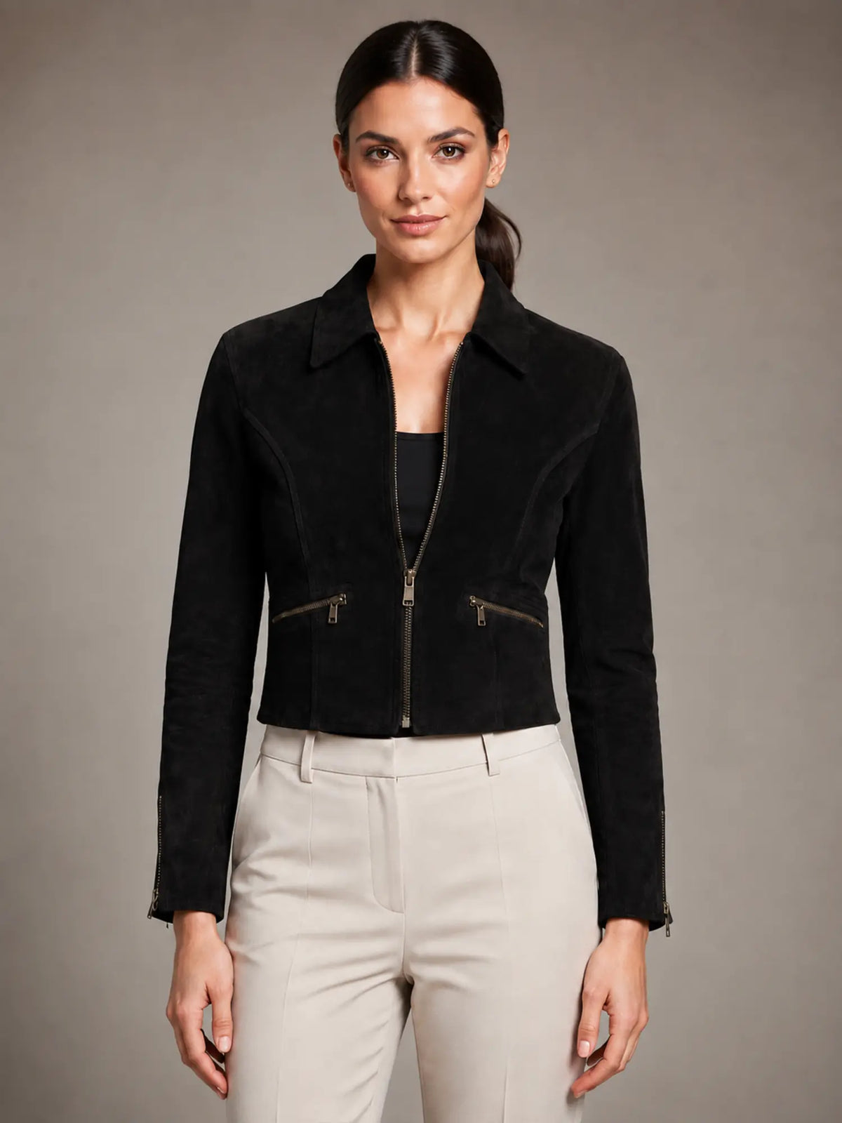 Women's Cropped Suede-Look Jacket – Structured Fit – Matte Black – front view