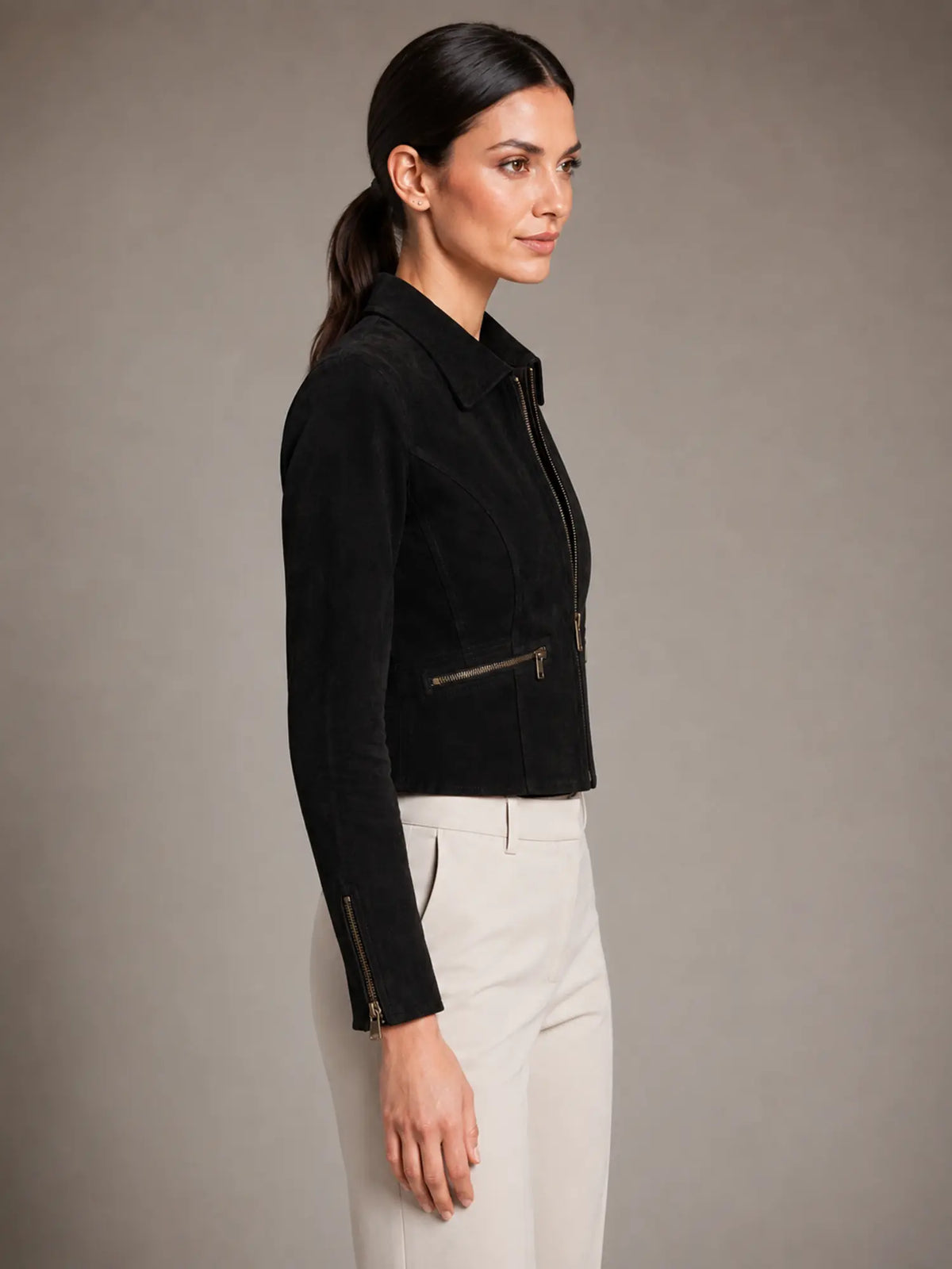 Women's Cropped Suede-Look Jacket – Structured Fit – Matte Black – side view