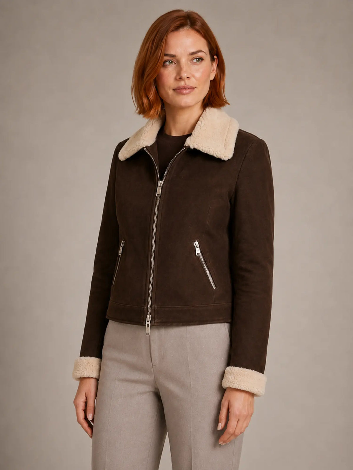 Women's Cropped Aviator Jacket – Biker Style – Espresso – three-quarter view
