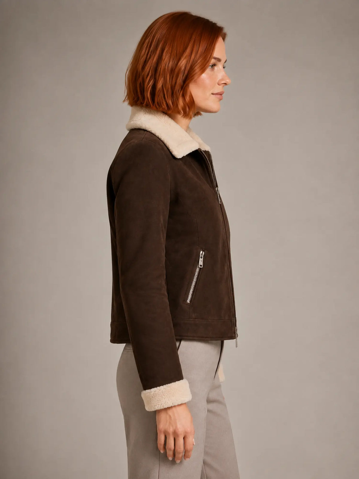 Women's Cropped Aviator Jacket – Biker Style – Espresso – side view