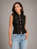Women's Lace Blouse – Romantic Long Sleeve Top – Black – three-quarter view