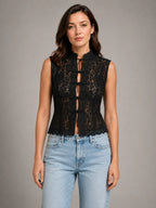 Women's Lace Blouse – Romantic Long Sleeve Top – Black – front view