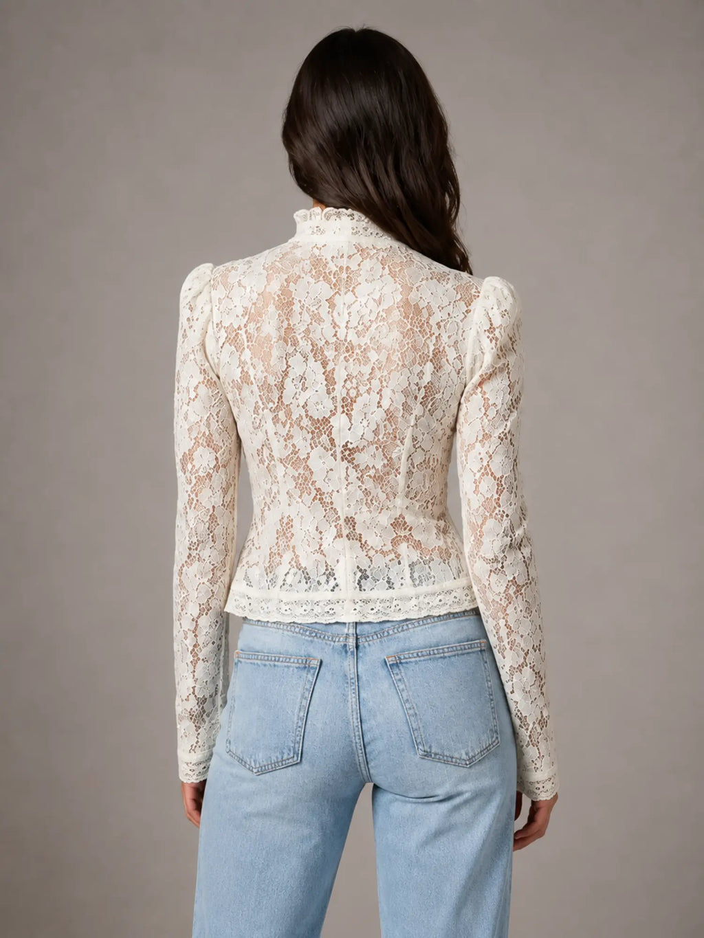 Women's Lace Blouse – Romantic Long Sleeve Top – White – back view