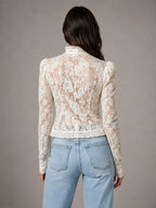 Women's Lace Blouse – Romantic Long Sleeve Top – White – back view
