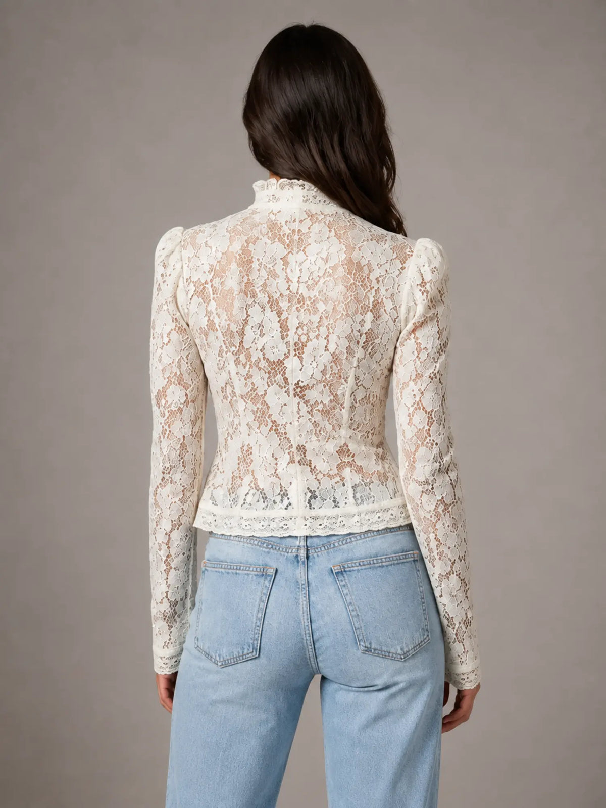 Women's Lace Blouse – Romantic Long Sleeve Top – White – back view