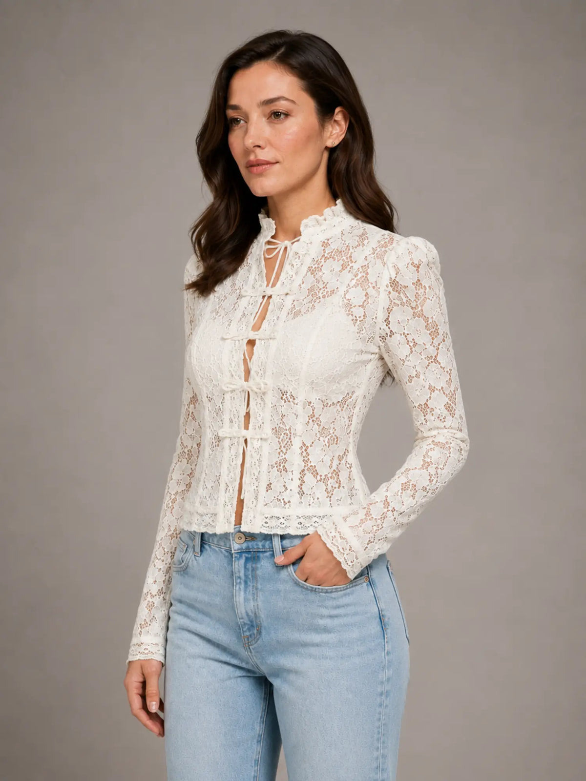 Women's Lace Blouse – Romantic Long Sleeve Top – White – three-quarter view