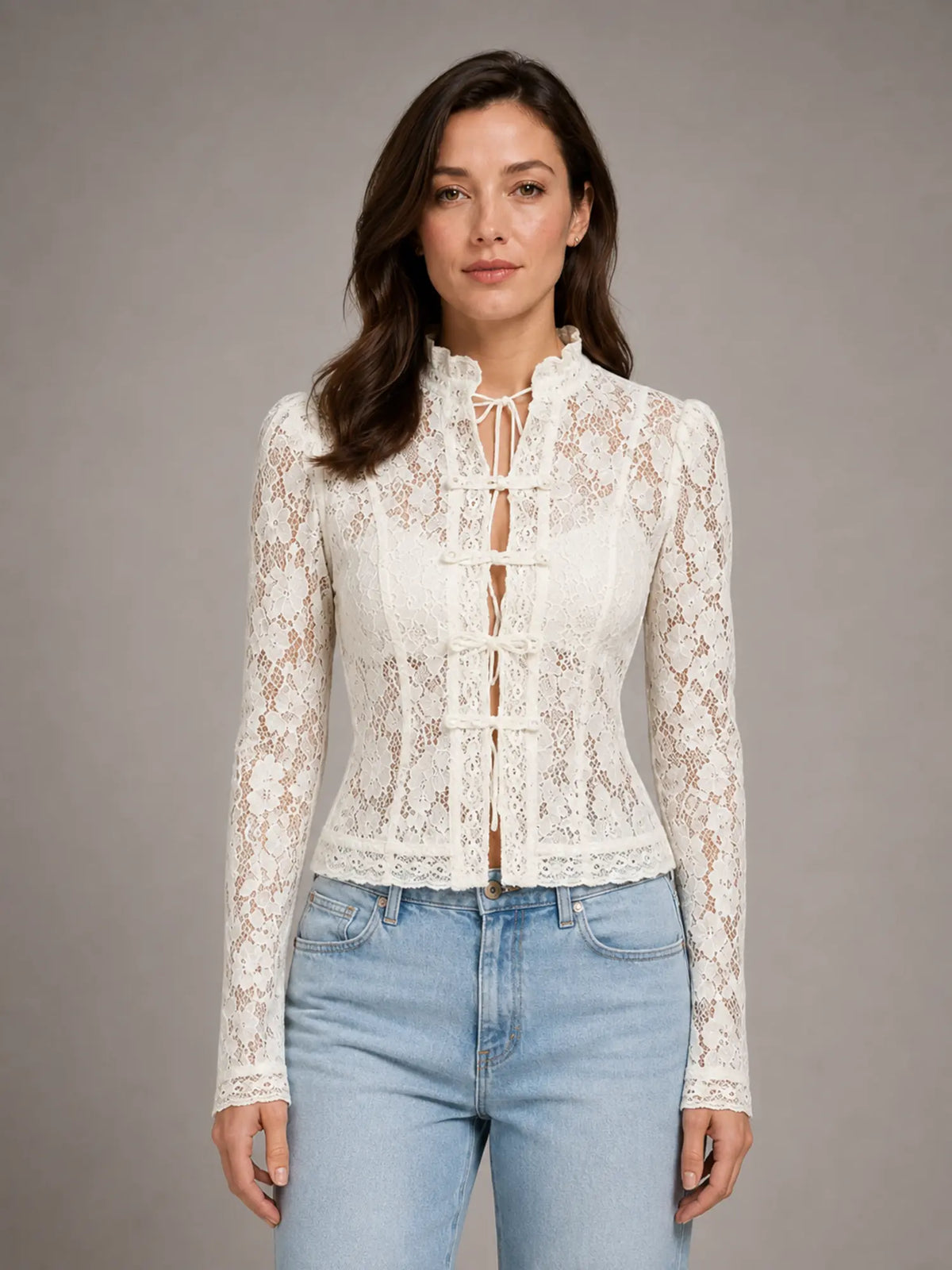 Women's Lace Blouse – Romantic Long Sleeve Top – White – front view