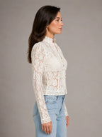 Women's Lace Blouse – Romantic Long Sleeve Top – White – side view