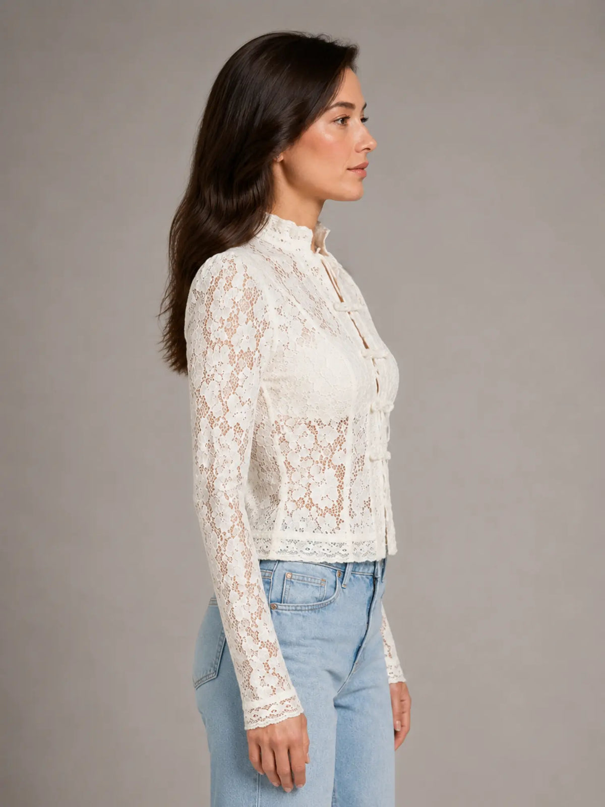 Women's Lace Blouse – Romantic Long Sleeve Top – White – side view